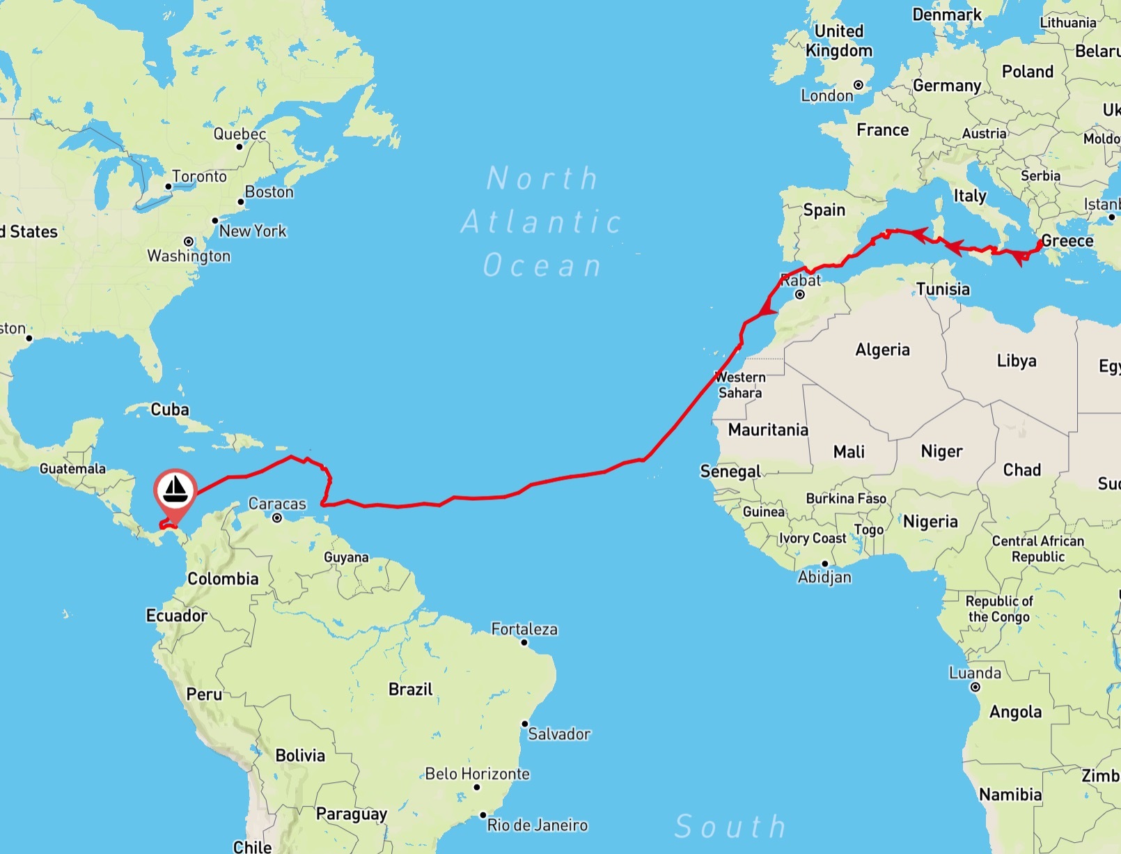 Reiseroute der Freespirit von Griechenland bis Panama